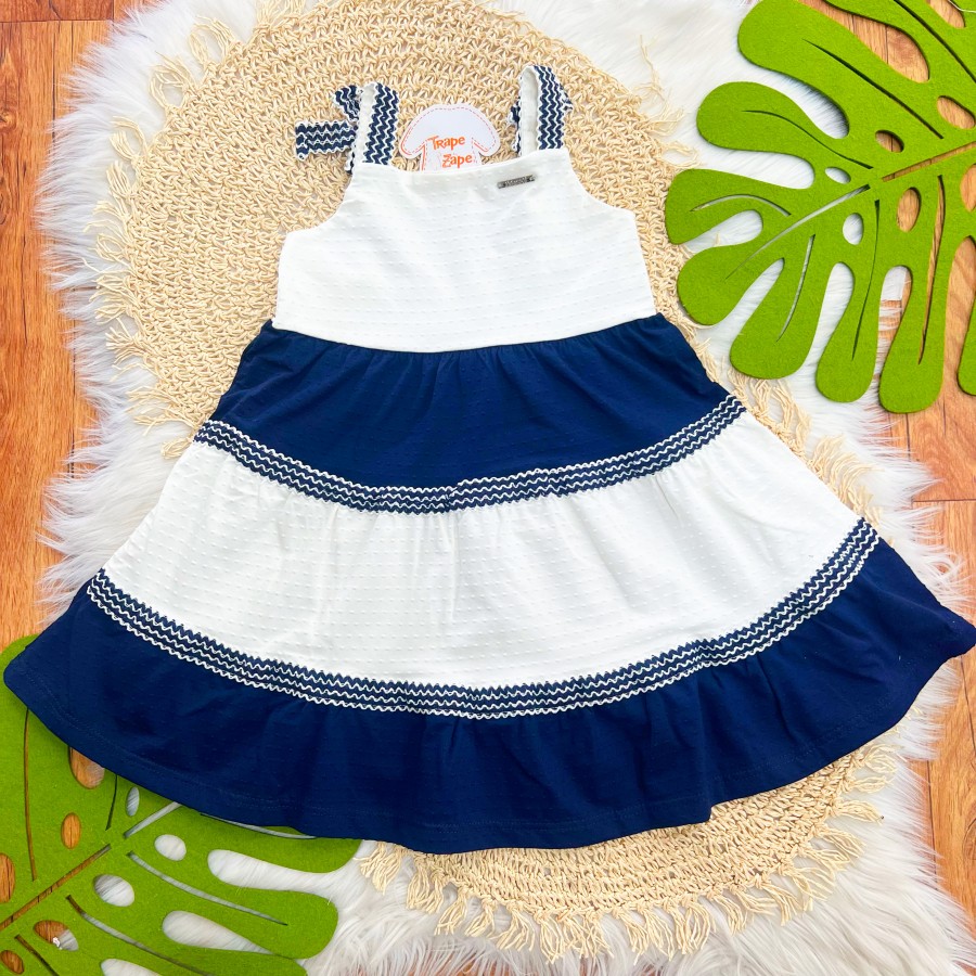 Vestido Ana Bola de Alcinha com Lacinho - Off White e Marinho